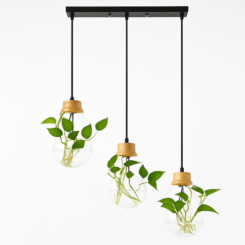 Suspension bocal en verre à fleur et support en bois - vue 3 sur 5