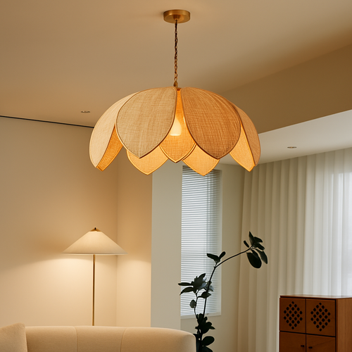 Suspension cannage Style chinois naturel rotin pétale - vue 3 sur 8