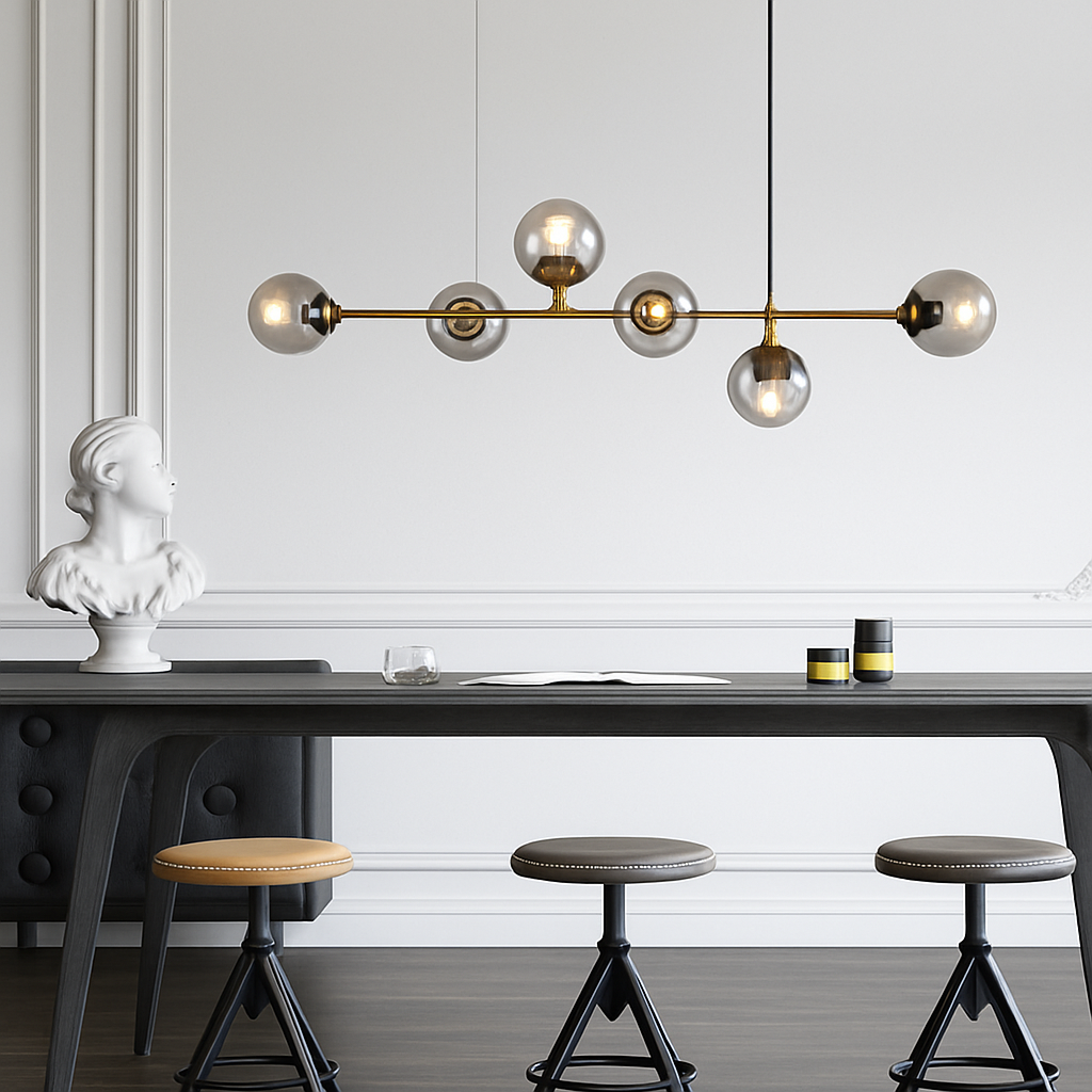 Suspension design LED allongée avec plusieurs abats-jour métal - vue 4 sur 6