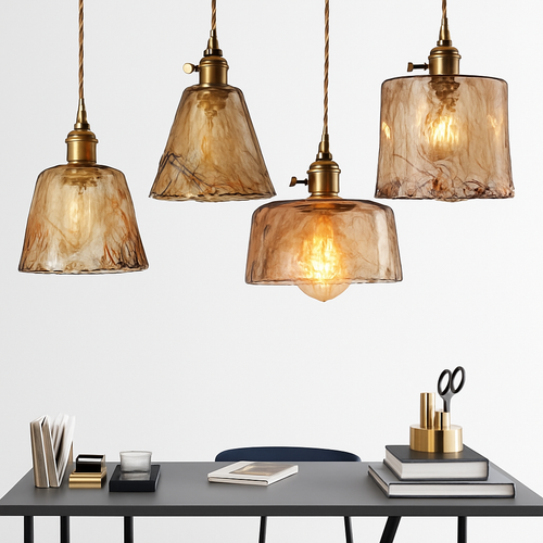 Suspension design à LED avec abat-jour en verre ambré Rétro - vue 3 sur 15