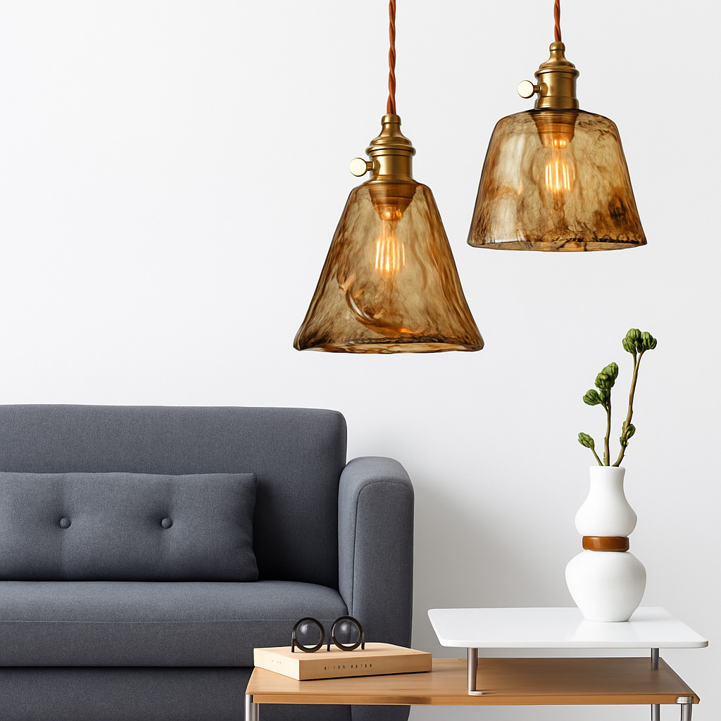 Suspension design à LED avec abat-jour en verre ambré Rétro - vue 3 sur 15