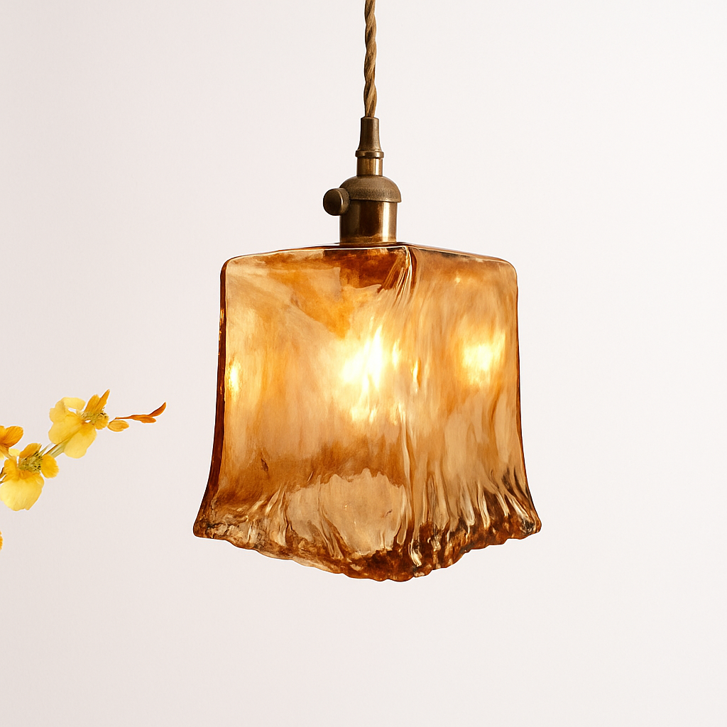 Suspension design à LED avec abat-jour en verre ambré Rétro - vue 6 sur 15