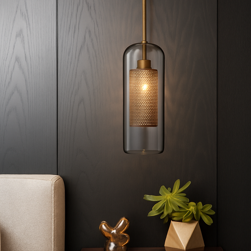 Suspension design LED avec abat-jour industriel et boule en verre Loft - vue 3 sur 19
