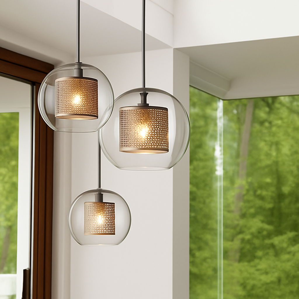 Suspension design LED avec abat-jour industriel et boule en verre Loft - vue 3 sur 19