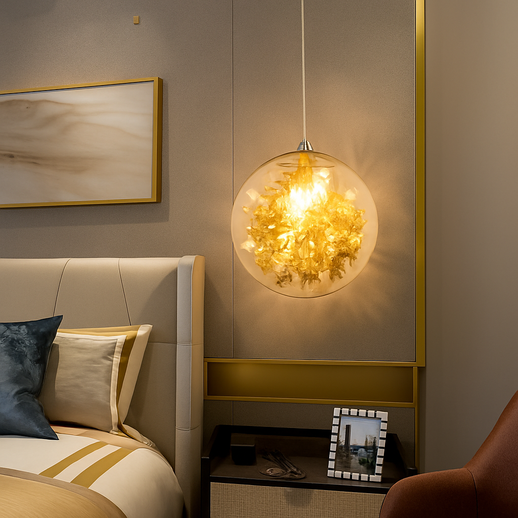 Suspension design LED boule en verre avec feuilles chromées intérieur - vue 3 sur 8