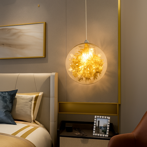 Suspension design LED boule en verre avec feuilles chromées intérieur - vue 4 sur 8