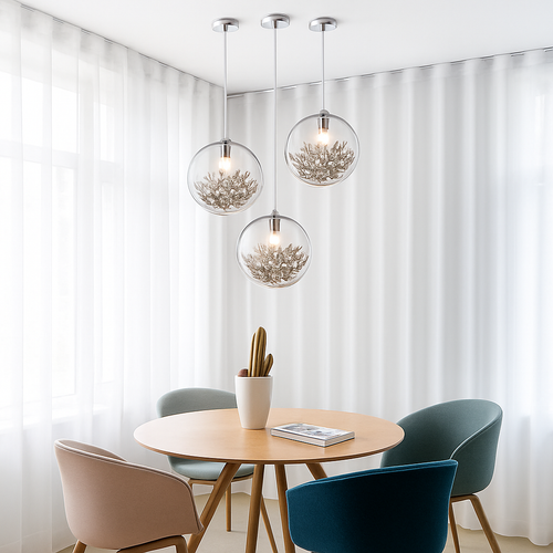 Suspension design LED boule en verre avec feuilles chromées intérieur - vue 5 sur 8