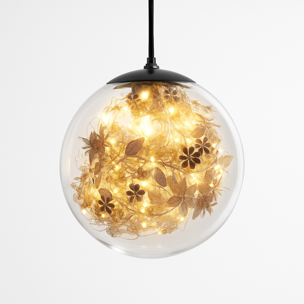 Suspension design LED boule en verre avec feuilles chromées intérieur - vue 8 sur 8