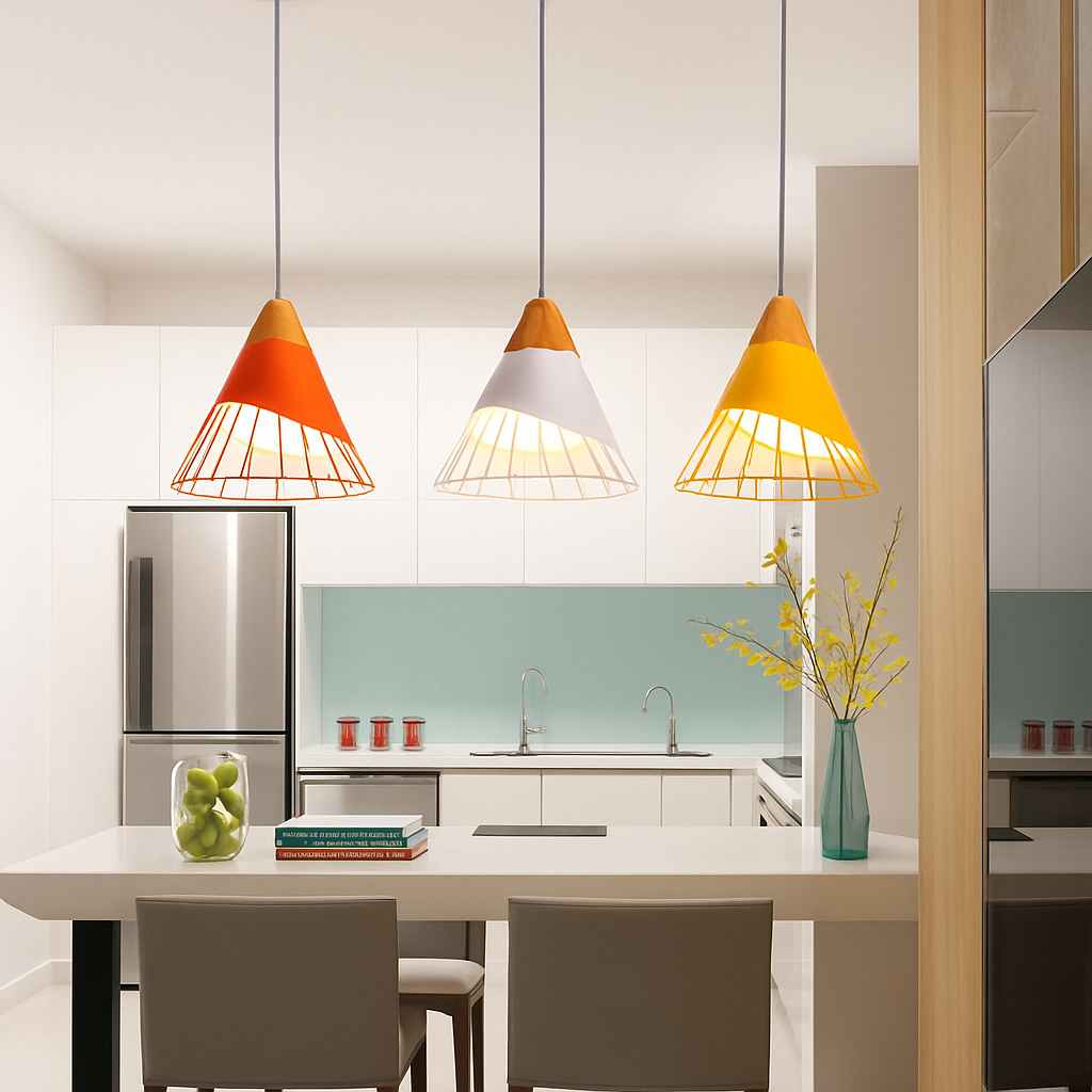 Suspension design LED en bois et cage de couleur - vue 2 sur 8