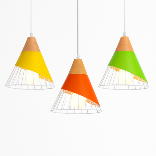 Suspension design LED en bois et cage de couleur - vue 5 sur 8