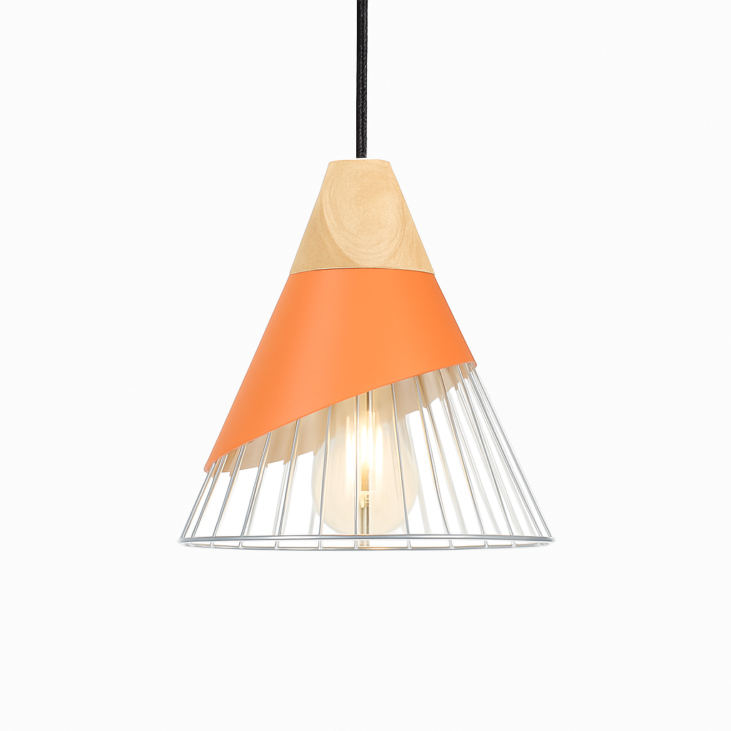 Suspension design LED en bois et cage de couleur - vue 8 sur 8