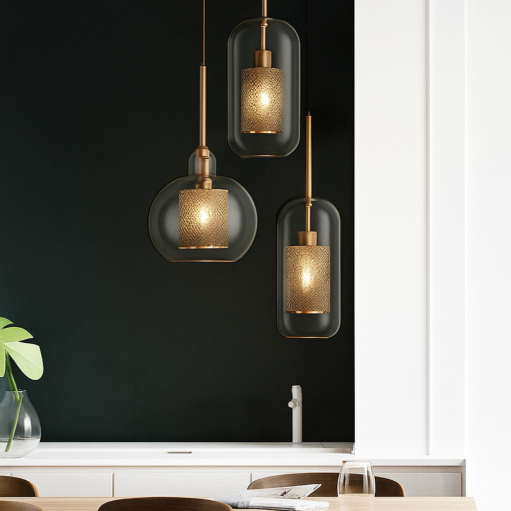 Suspension design LED en verre avec lampe doré - vue 5 sur 18