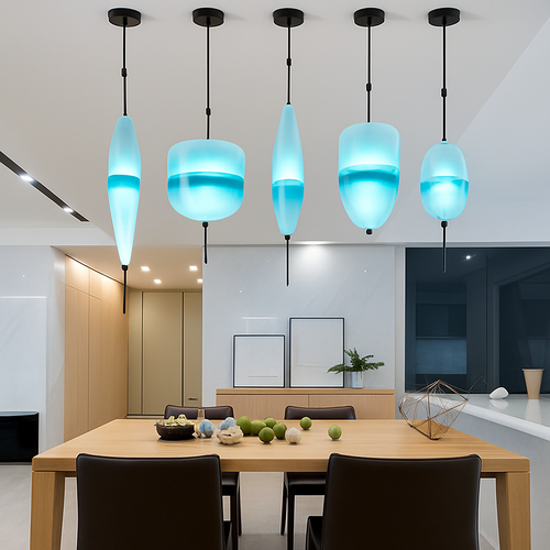 Suspension design LED en verre bleu de plusieurs formes - vue 3 sur 15