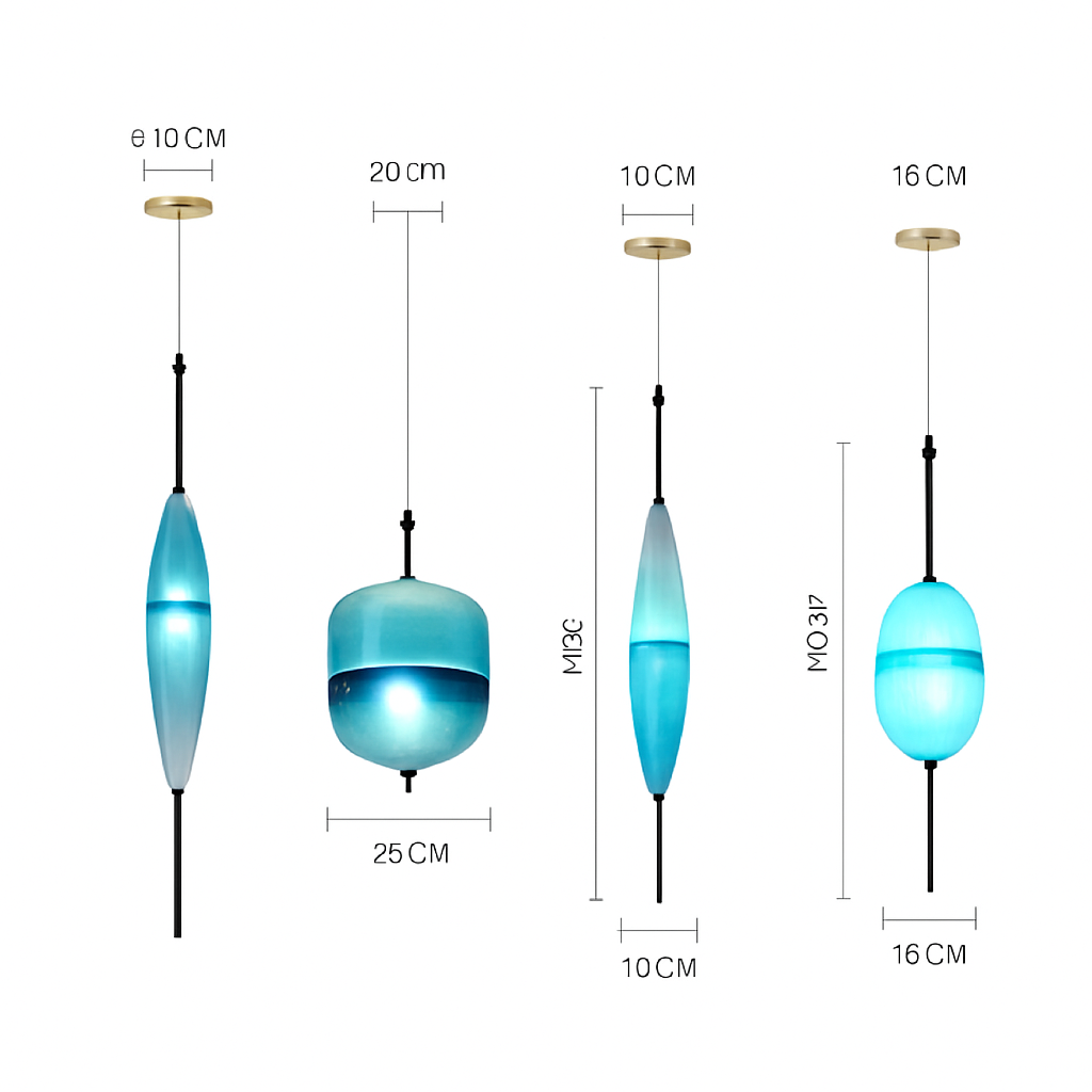 Suspension design LED en verre bleu de plusieurs formes - vue 4 sur 15