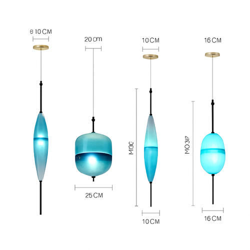 Suspension design LED en verre bleu de plusieurs formes - vue 5 sur 15