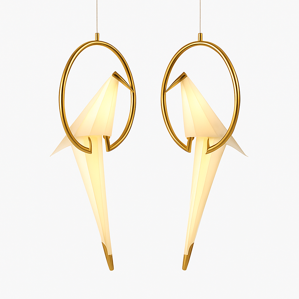 Suspension design LED oiseau dans cerceau doré - vue 5 sur 7