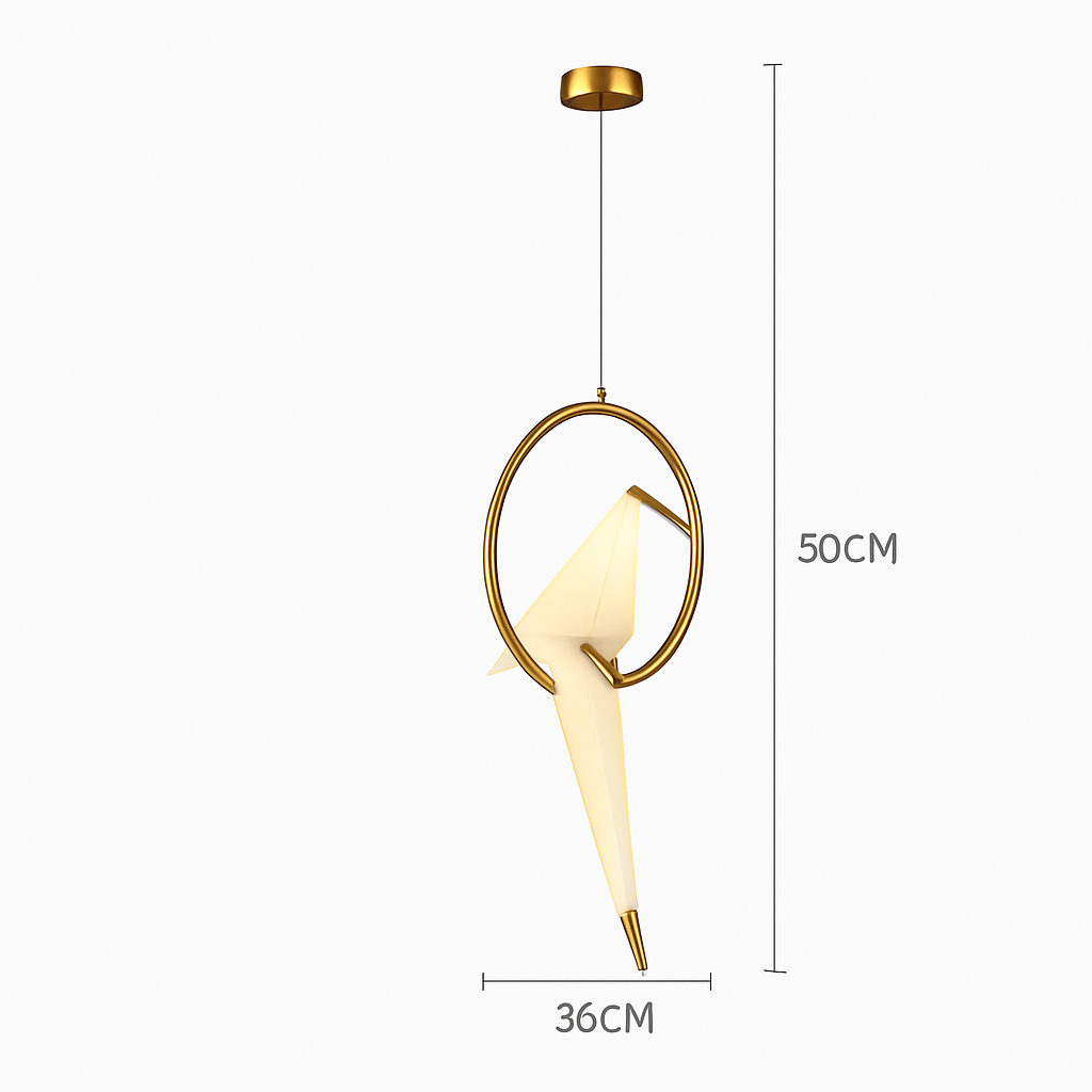 Suspension design LED oiseau dans cerceau doré - vue 7 sur 7
