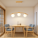 suspension en bois moderne avec boule de verre et éclairage led