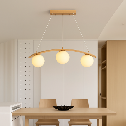 suspension en bois moderne avec boule de verre et éclairage led - vue 3 sur 8