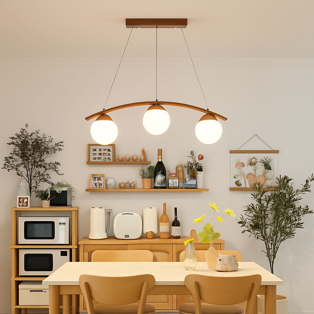 suspension en bois moderne avec boule de verre et éclairage led - vue 3 sur 8