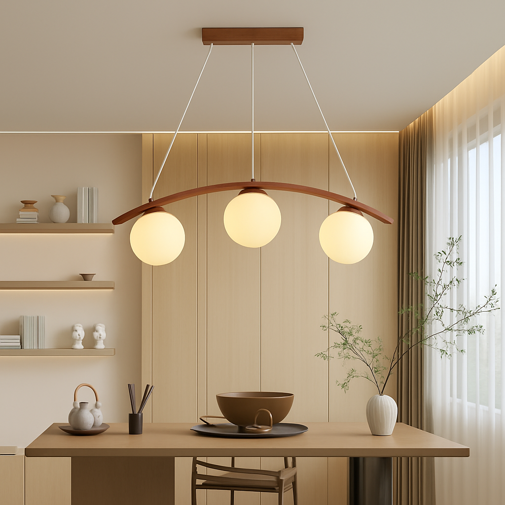 suspension en bois moderne avec boule de verre et éclairage led - vue 4 sur 8