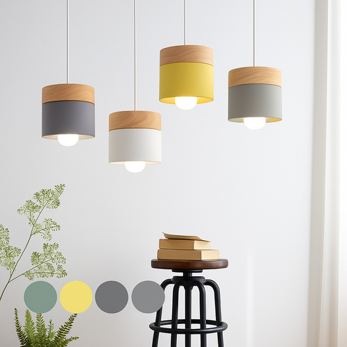 Suspension LED cylindrique en métal et bois Modern - vue 3 sur 6