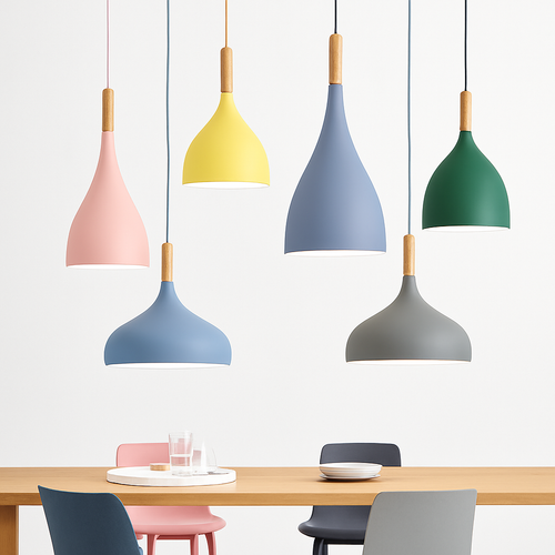 Suspension LED en métal coloré et baton en bois Nordic - vue 3 sur 29