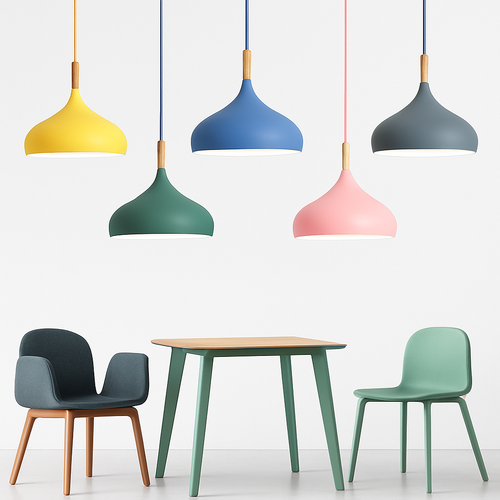Suspension LED en métal coloré et baton en bois Nordic - vue 4 sur 29