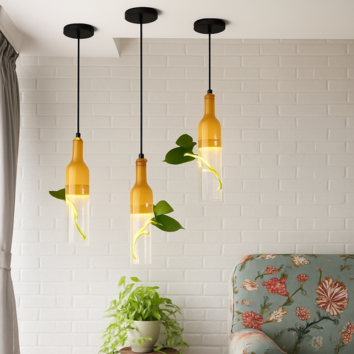 suspension led industrielle en bois et verre pour plantes - vue 2 sur 10