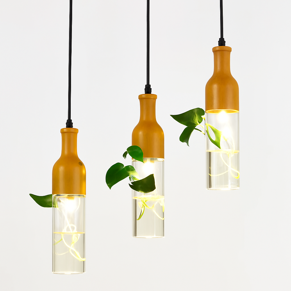 suspension led industrielle en bois et verre pour plantes - vue 3 sur 10