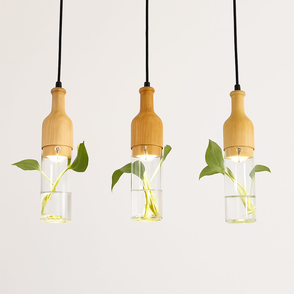 suspension led industrielle en bois et verre pour plantes - vue 4 sur 10