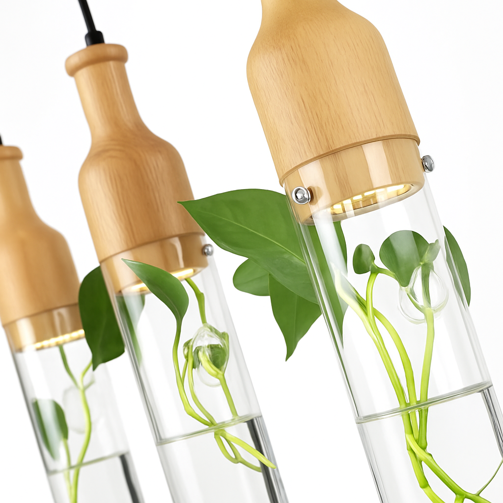 suspension led industrielle en bois et verre pour plantes - vue 5 sur 10