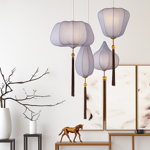 Suspension LED style chinois en tissu - vue 4 sur 18