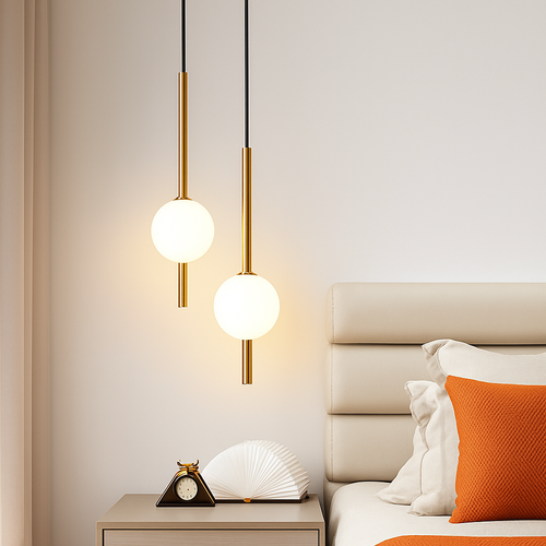 Suspension LED tube doré et boule - vue 2 sur 12