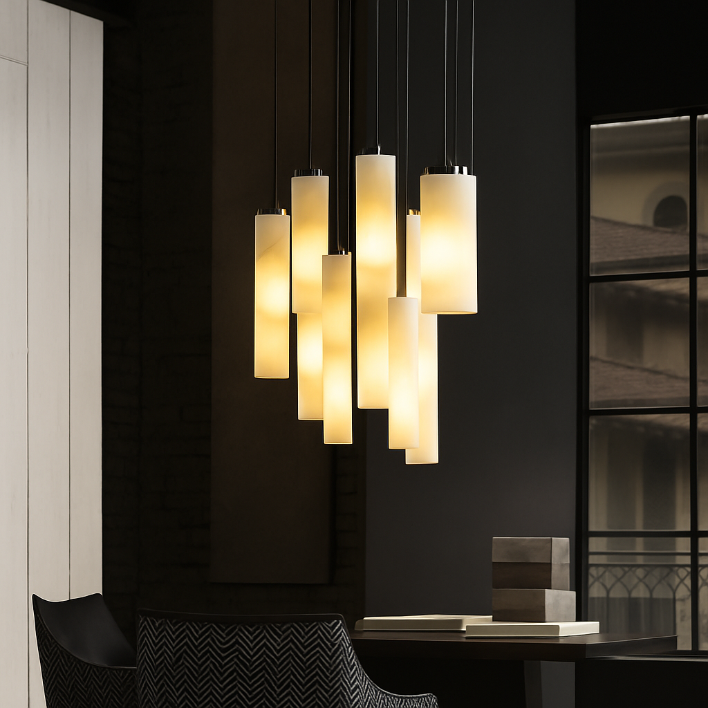 Suspension lustre design avec fil réglable et marbre naturel - vue 3 sur 14