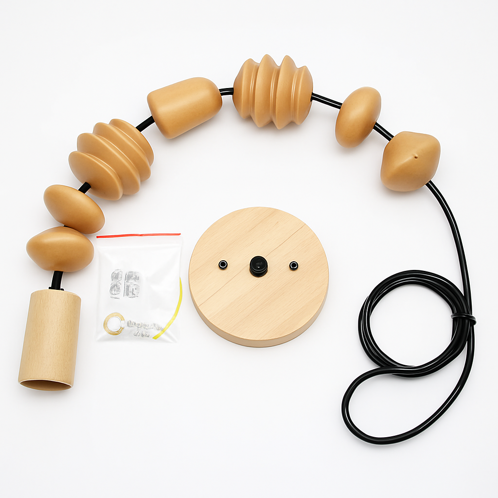 suspension rétro en bois de chêne avec perles géométriques - vue 5 sur 14