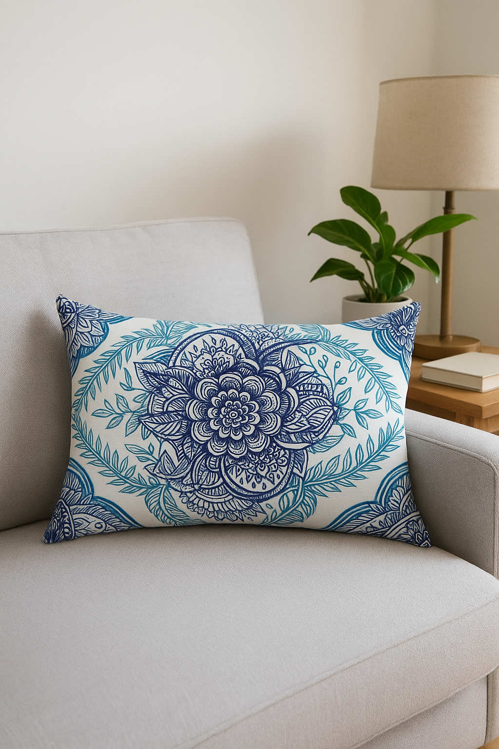 taie d'oreiller rectangulaire à motif fleurs et feuilles bleues - vue 2 sur 2