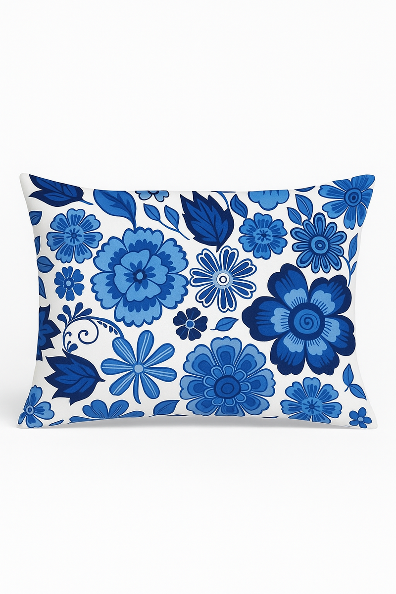 taie d'oreiller rectangulaire motif rayé fleurs bleues pour la maison