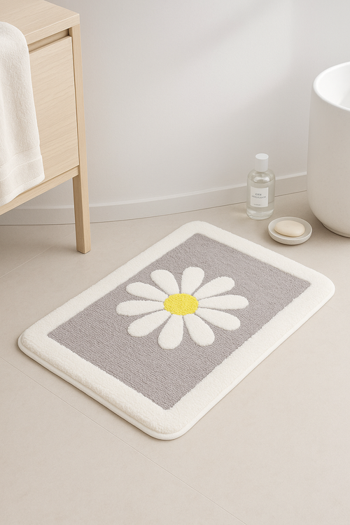tapis de bain fleurs marguerite microfibre antiderapant lavable - vue 2 sur 2