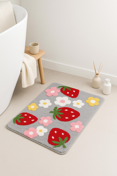 tapis de bain microfibre fraise motif cartoon doux - vue 2 sur 2