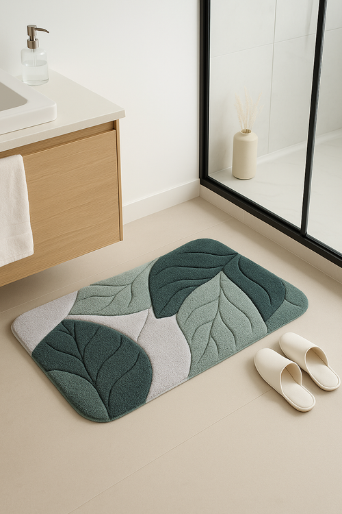 Tapis de bain style nordique motif feuilles antidérapant - vue 2 sur 2