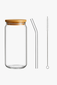 Tasse verre borosilicate forme canette couvercle bambou paille