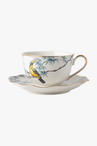 Tasses et soucoupes motifs fleurs oiseaux céramique main