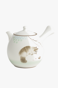 Théière ru kiln artisanale motif chat poignée latérale