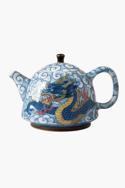 Théière chinoise porcelaine décor sous couverte infuseur