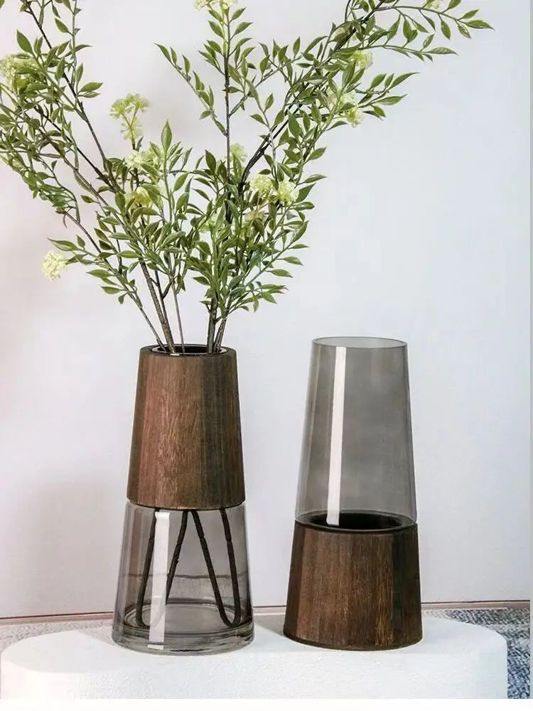 vase en verre nordique décoratif avec support en bambou