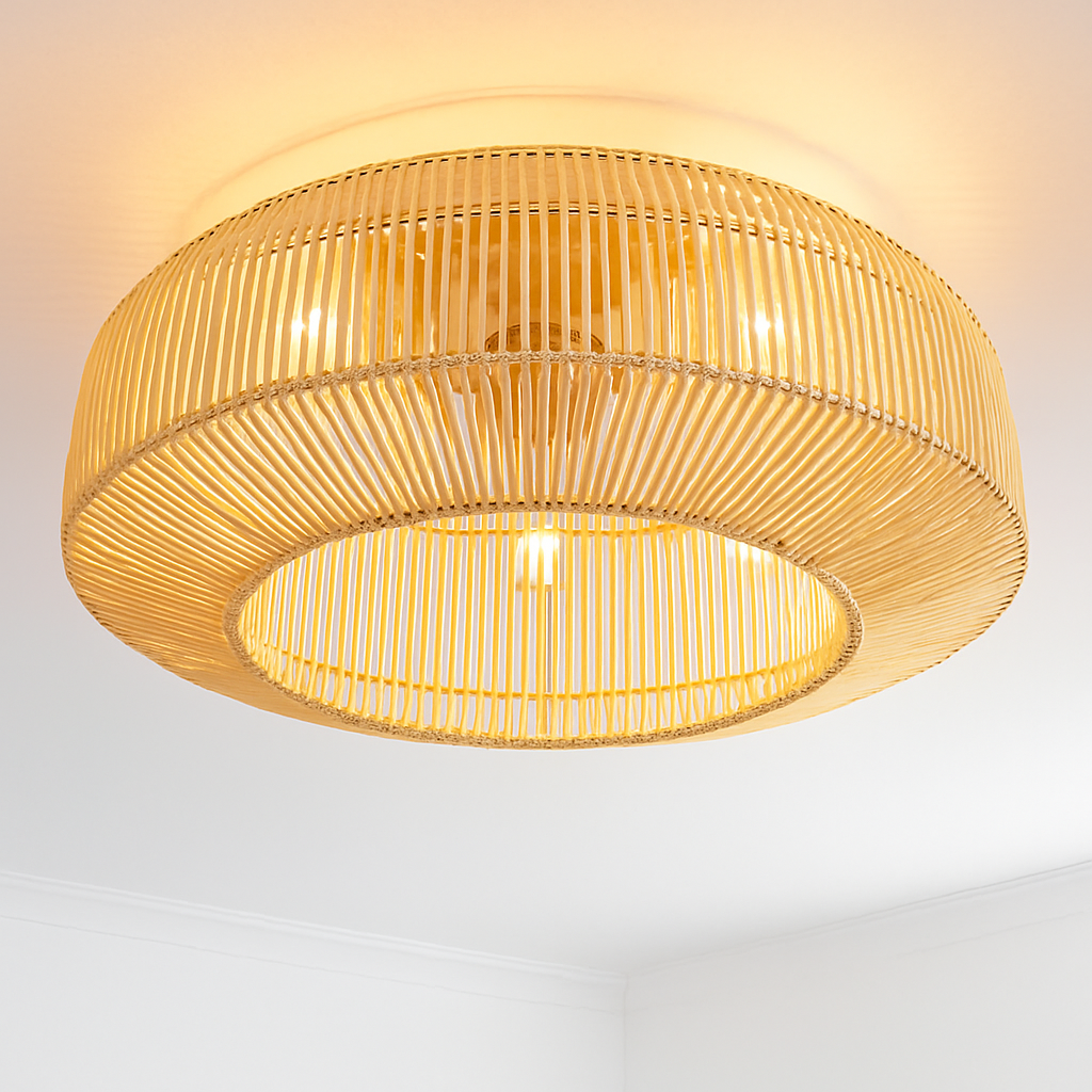 Ventilateur de plafond avec lumière rétro fait à la main en rotin de bambou ventilateur invisible lumières moderne simple Wabi-Sabi lampe de ventilateur de plafond d'îlot de cuisine