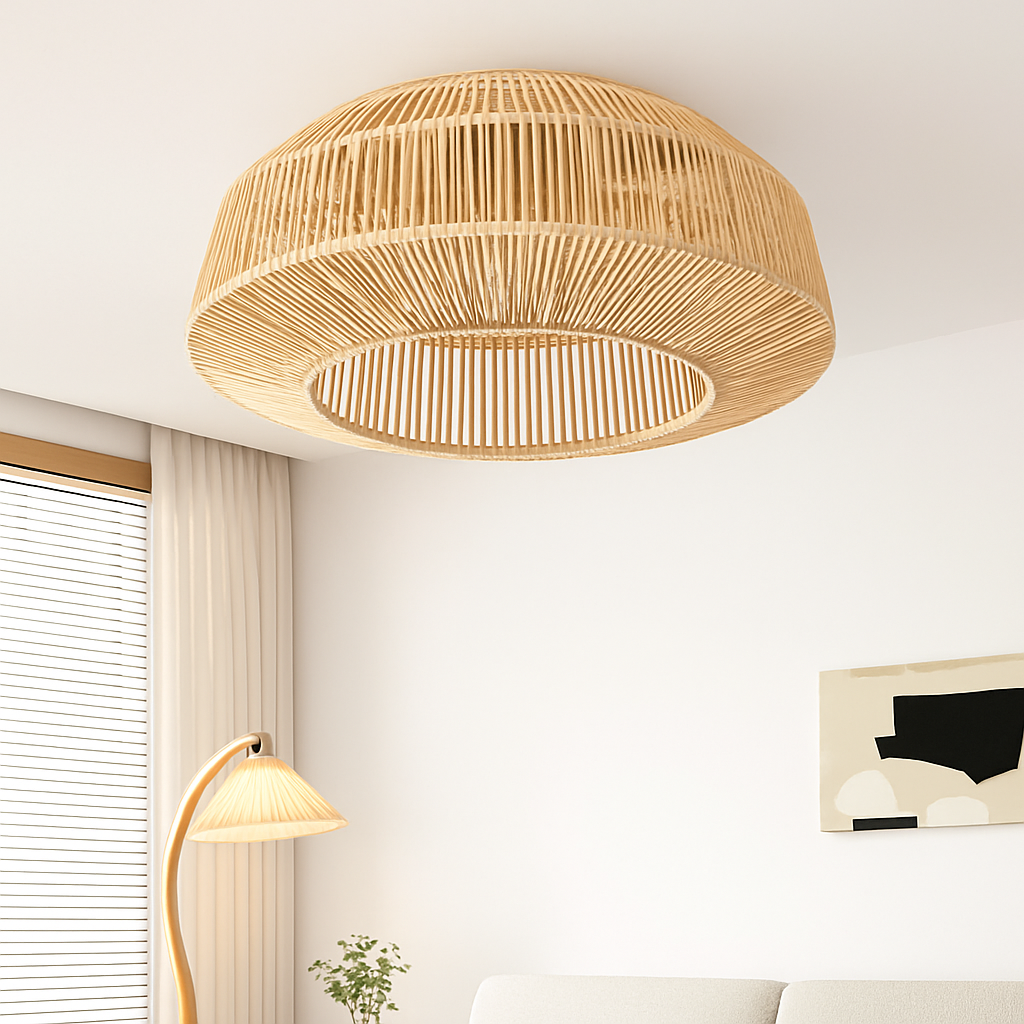 Ventilateur de plafond avec lumière rétro fait à la main en rotin de bambou ventilateur invisible lumières moderne simple Wabi-Sabi lampe de ventilateur de plafond d'îlot de cuisine