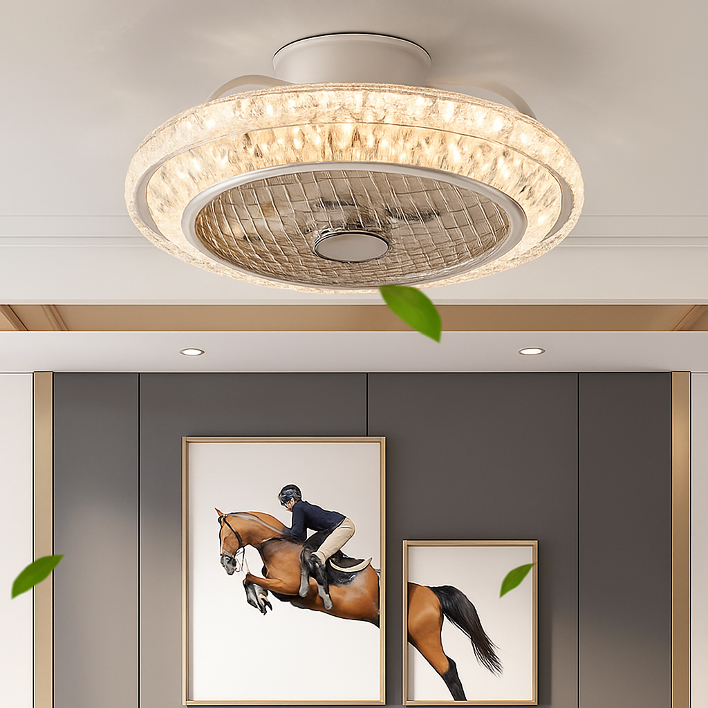 ventilateur de plafond cristal moderne avec lumière télécommande silencieuse 3 vitesses