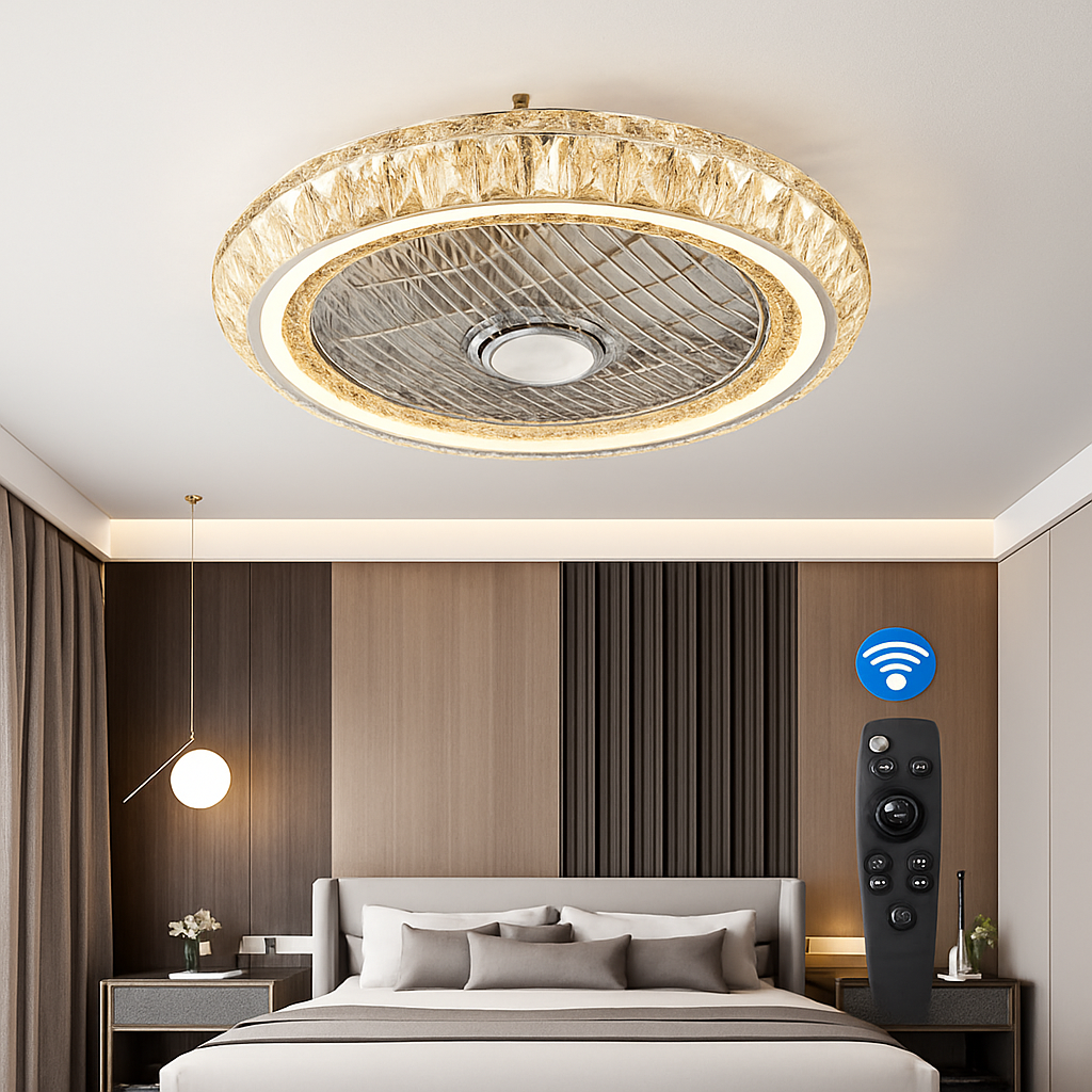ventilateur de plafond cristal moderne avec lumière télécommande silencieuse 3 vitesses
